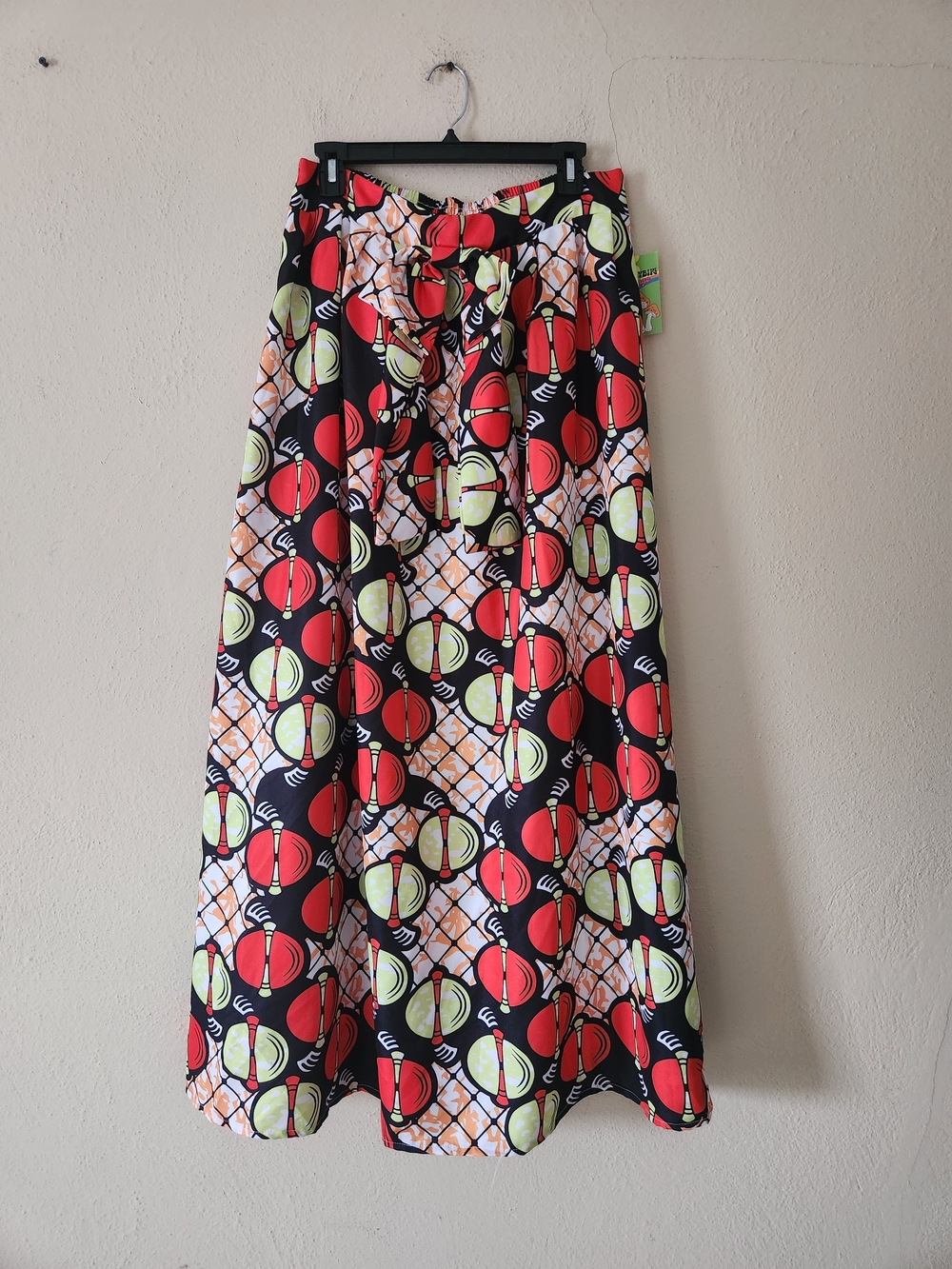 Women's Black Maxi Skirt with Red & Lime Geometric Print